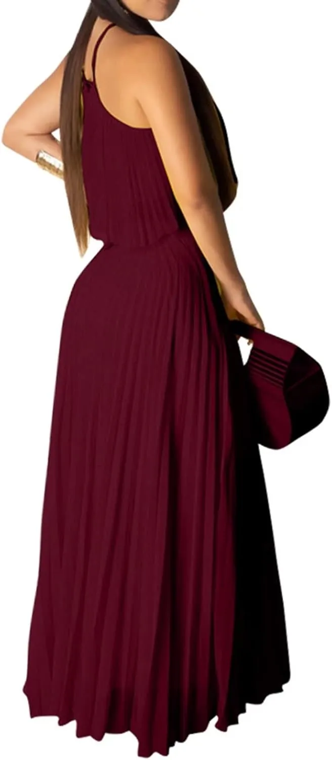 Aro Lora Women's Sexy Chiffon Sleeveless Ruffle Crop Top Pleated Long Skirt 2 Piece Maxi Dress