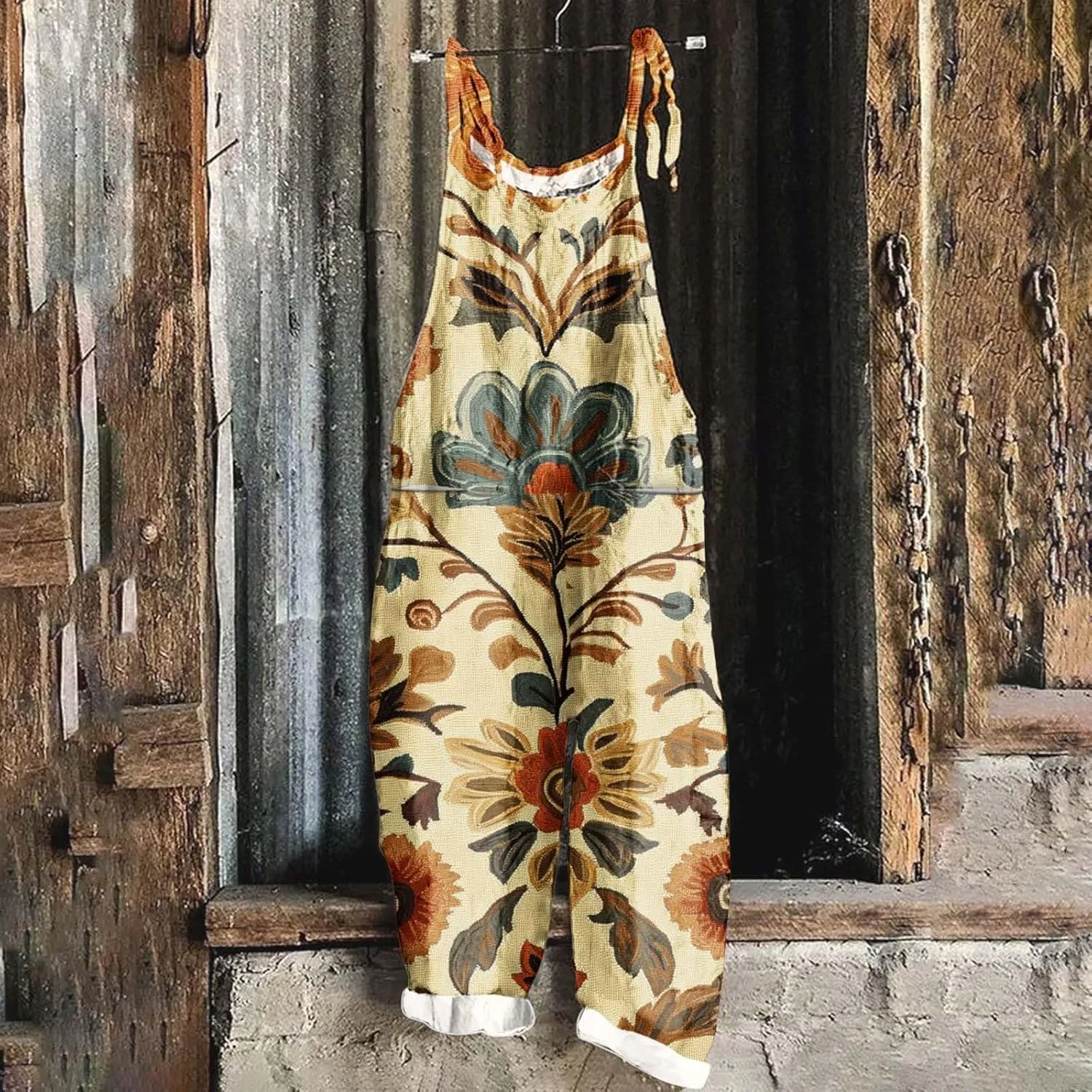 Baggy Linen Jumpsuits for Women 2025 Summer Overalls Romper Vintage Floral Print Adjustable Straps Casual Bib Pants