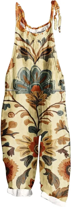 Baggy Linen Jumpsuits for Women 2025 Summer Overalls Romper Vintage Floral Print Adjustable Straps Casual Bib Pants