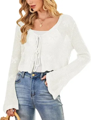 Balimtoy Women Tie Front Hollow Out Knit Crop Top Bell Sleeve V Neck Knotted Crochet Cardigan Boho Cute Bolero Shrug
