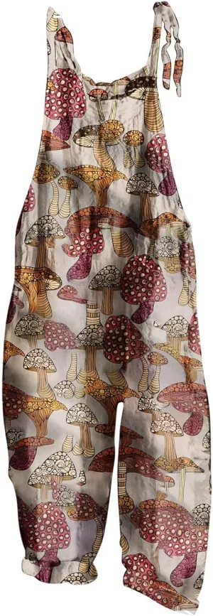 Basysin Summer Jumpsuits for Women Cute Cartoon Mushroom Printed Vintage Overalls Plus Size Casual Spaghetti Strap Jumpsuit