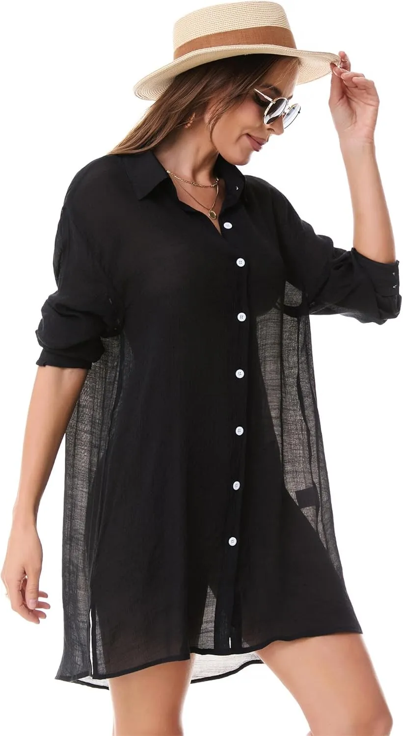 Beachwear Bathing Suit Womens Cover Ups Swimwear Sheer Button Down Shirt