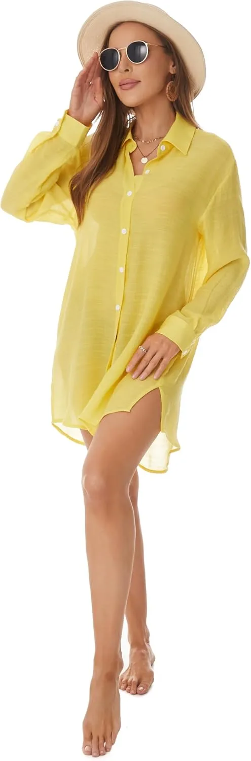 Beachwear Bathing Suit Womens Cover Ups Swimwear Sheer Button Down Shirt