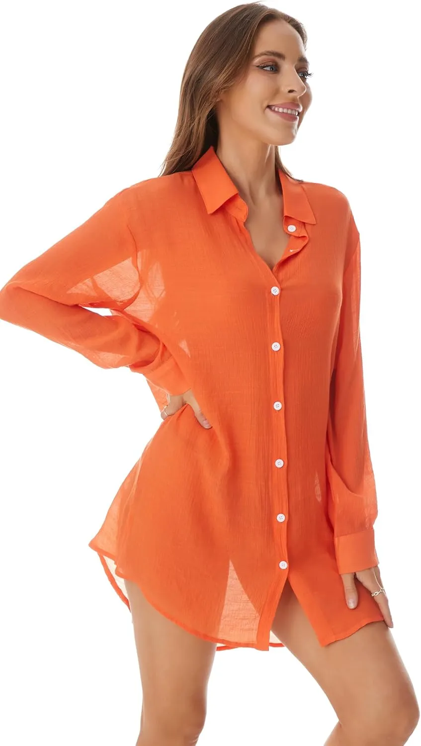 Beachwear Bathing Suit Womens Cover Ups Swimwear Sheer Button Down Shirt