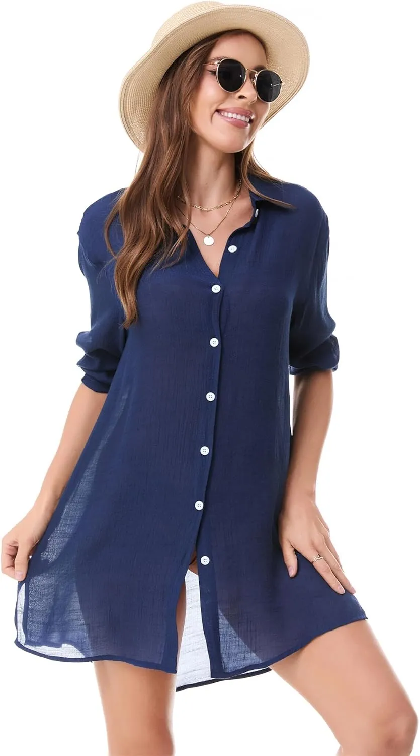 Beachwear Bathing Suit Womens Cover Ups Swimwear Sheer Button Down Shirt