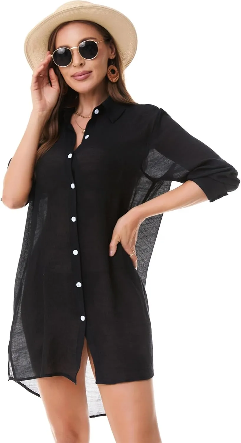 Beachwear Bathing Suit Womens Cover Ups Swimwear Sheer Button Down Shirt