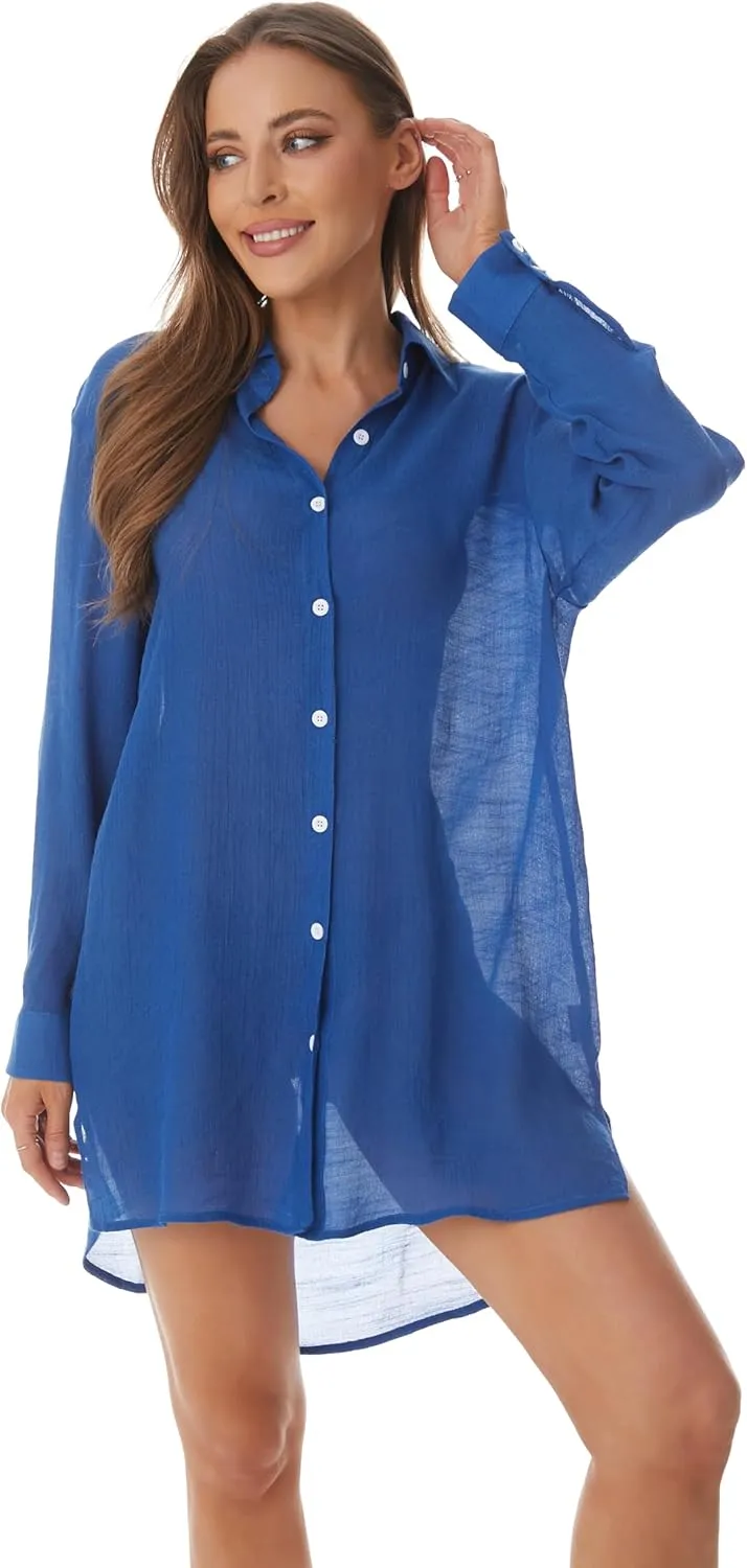 Beachwear Bathing Suit Womens Cover Ups Swimwear Sheer Button Down Shirt