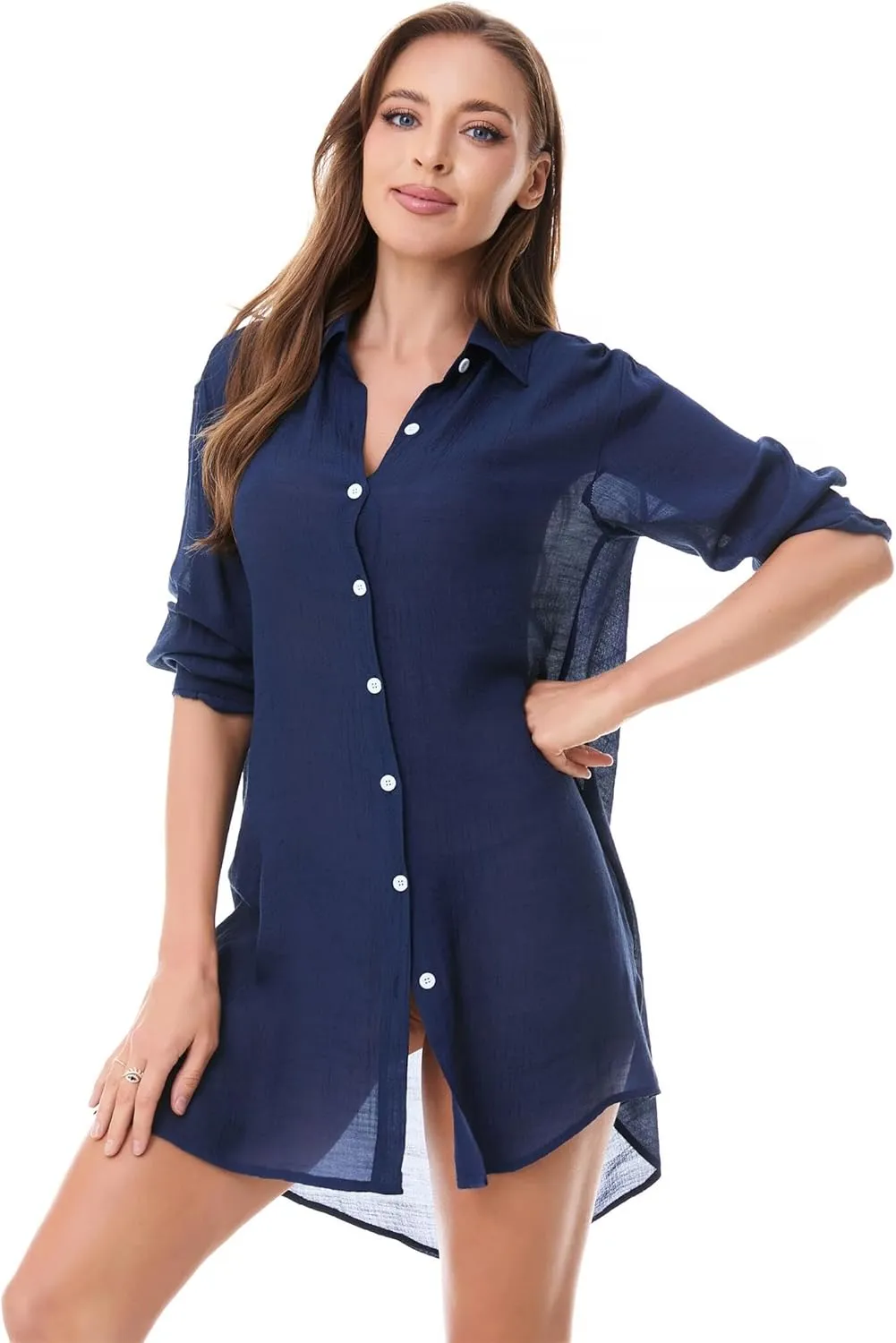 Beachwear Bathing Suit Womens Cover Ups Swimwear Sheer Button Down Shirt
