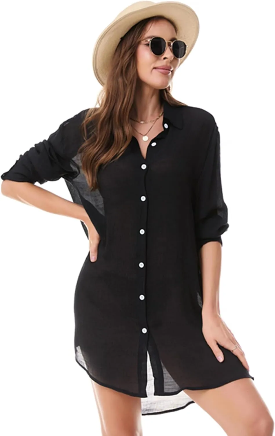 Beachwear Bathing Suit Womens Cover Ups Swimwear Sheer Button Down Shirt