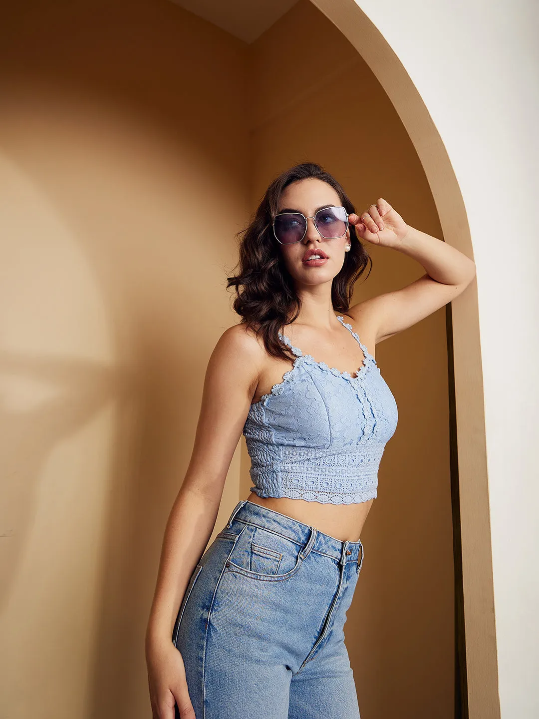 Berrylush Women Solid Blue Sweetheart Neck Sleeveless Lace Cotton Smocked Fitted Crop Top