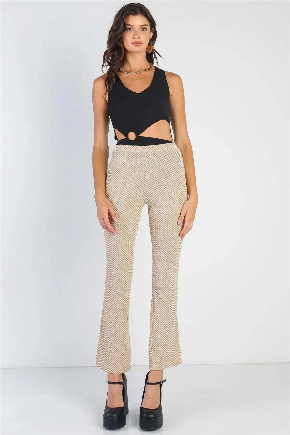 Black Ribbed O-Ring Cut-Out Detail Sleeveless Bodysuit /2-3-1