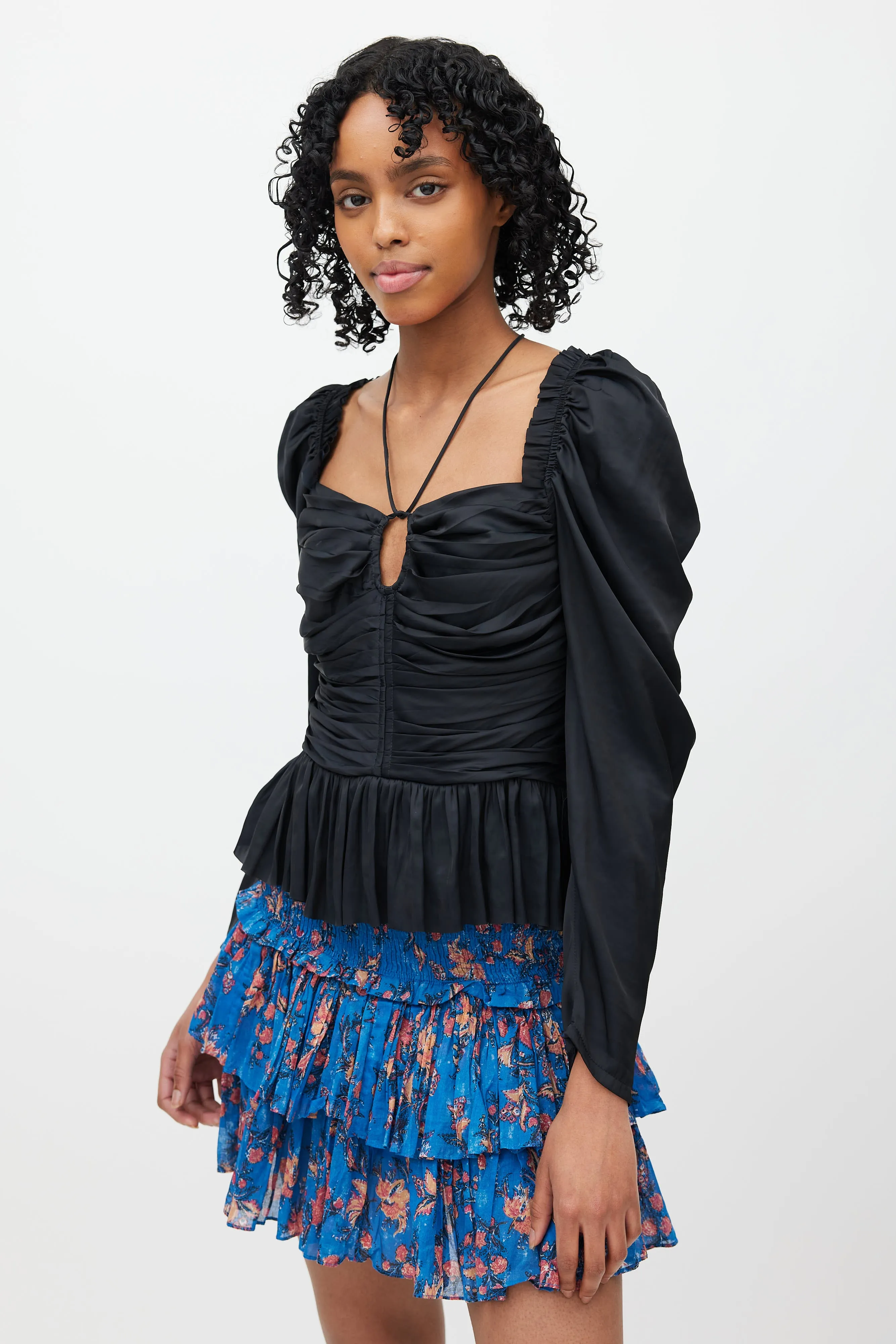 Black Ruffle & Puff Sleeve Blouse