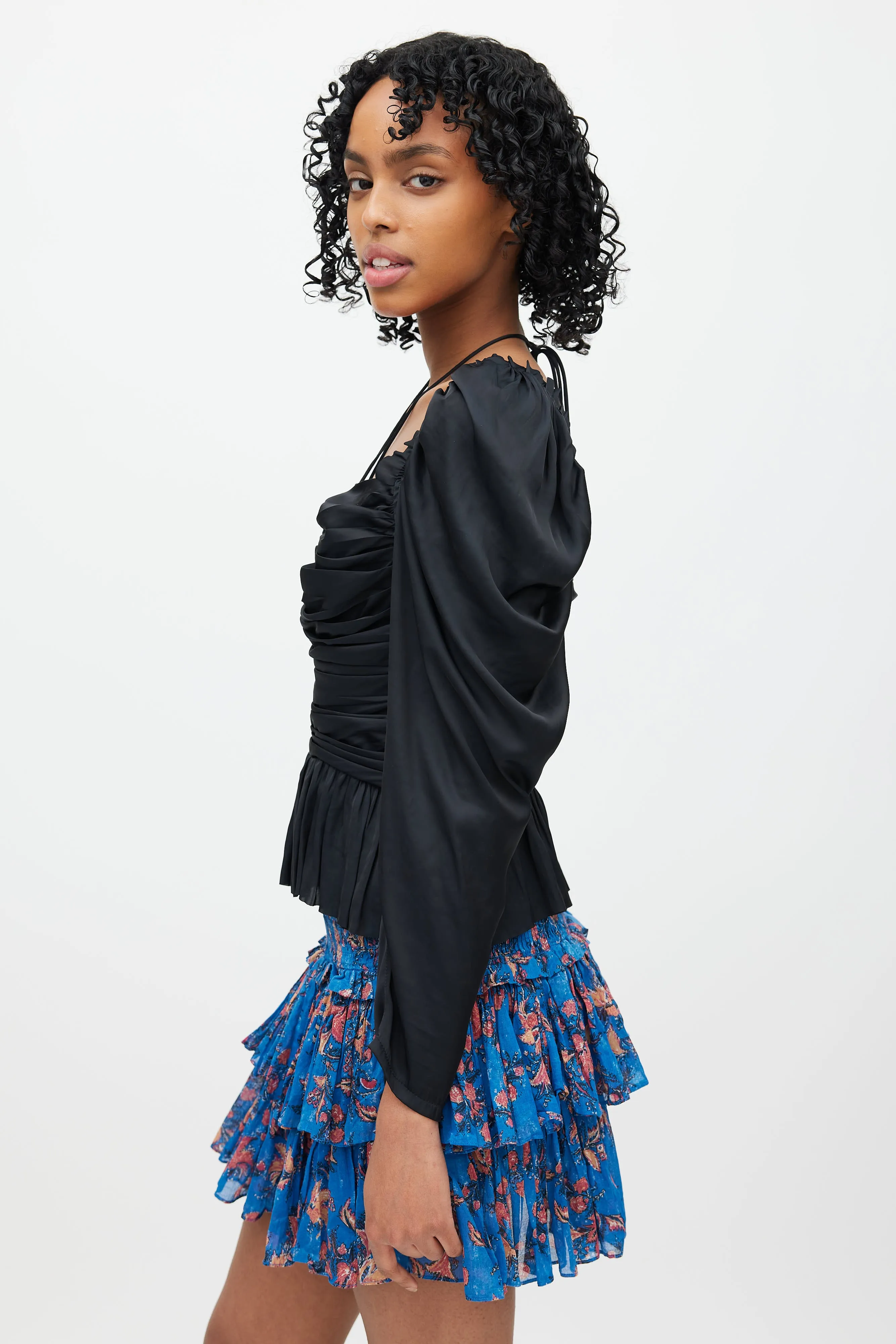 Black Ruffle & Puff Sleeve Blouse
