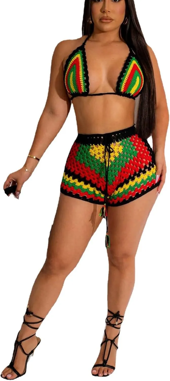 Bluewolfsea Women Sexy Beach Coverups Summer 2 Piece Outfits Crochet Mesh Fishnet Bikini Top and Maxi Skirt Set