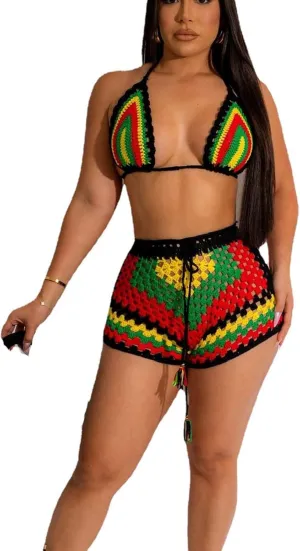 Bluewolfsea Women Sexy Beach Coverups Summer 2 Piece Outfits Crochet Mesh Fishnet Bikini Top and Maxi Skirt Set