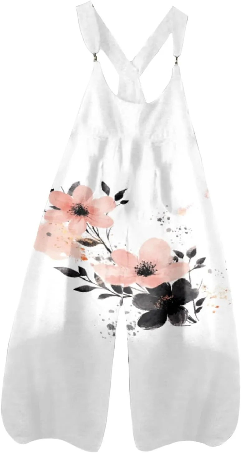 Boho Jumpsuits Women Casual Loose Floral Baggy Wide Leg Bib Overalls Sleeveless Spaghetti Strap Flowy Rompers