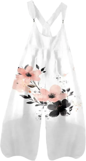 Boho Jumpsuits Women Casual Loose Floral Baggy Wide Leg Bib Overalls Sleeveless Spaghetti Strap Flowy Rompers