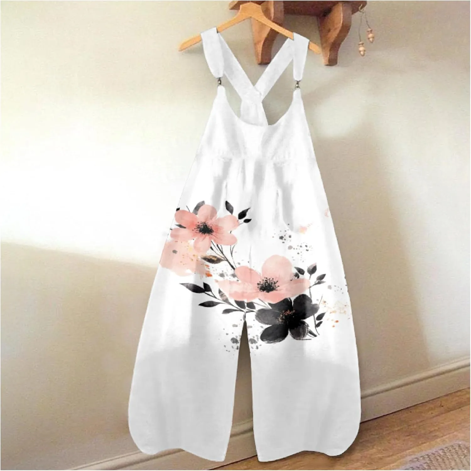 Boho Jumpsuits Women Casual Loose Floral Baggy Wide Leg Bib Overalls Sleeveless Spaghetti Strap Flowy Rompers