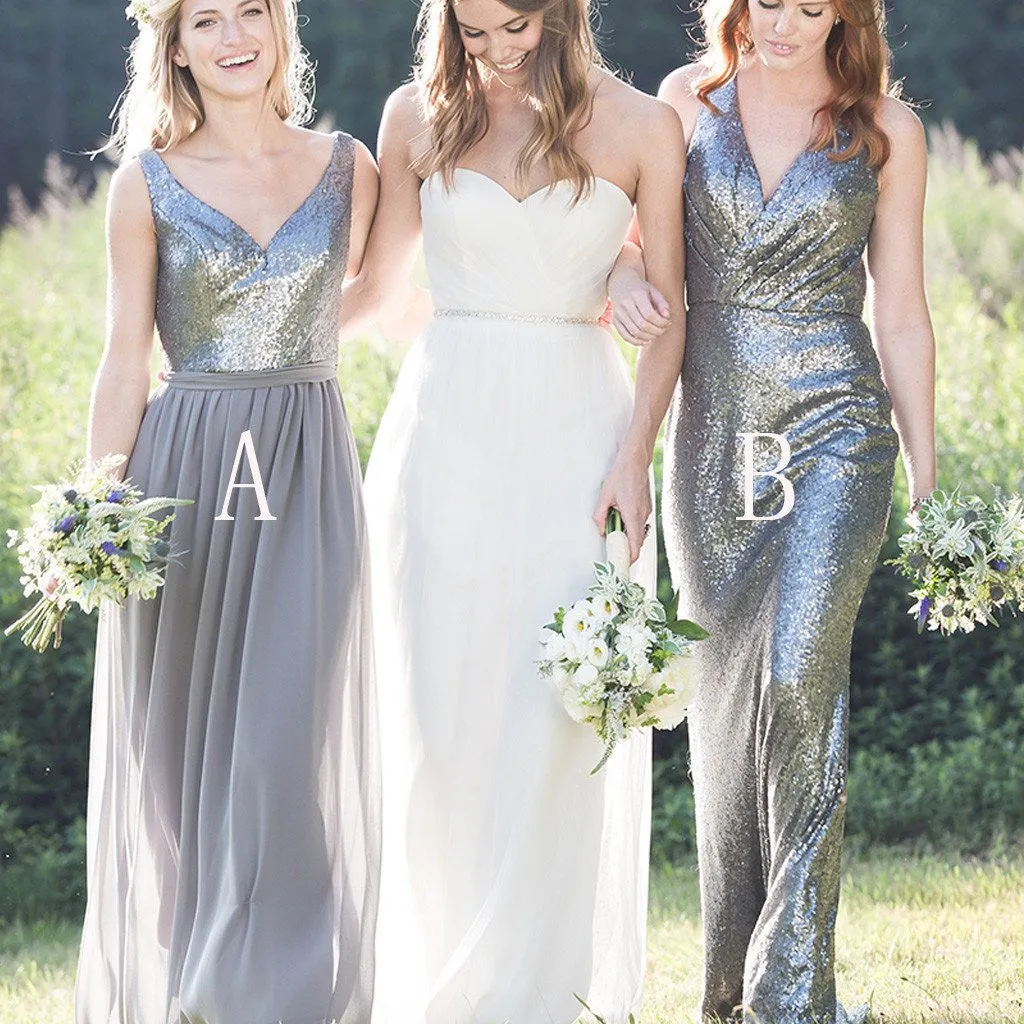 Boho Silver Grey Sequins Casual Long Country Style Bridesmaid Dresses