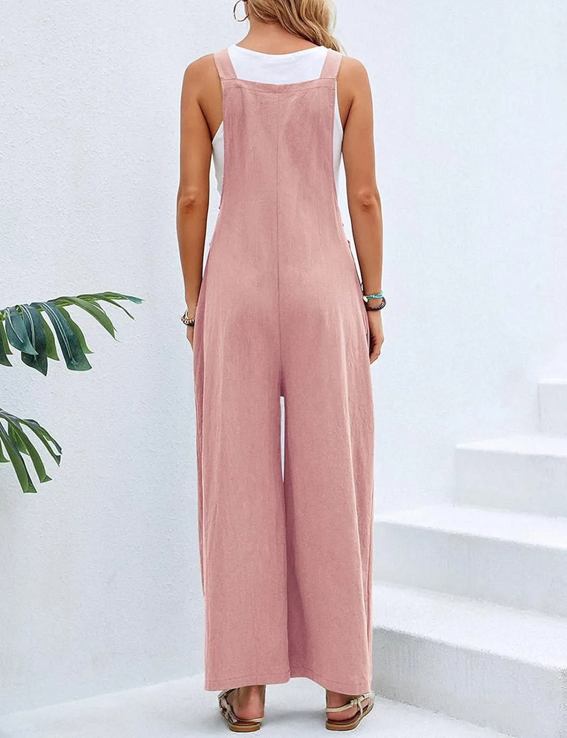 Bozanly Women's Baggy Wide Leg Overalls Summer Cotton Linen Loose Fit Bib Jumpsuit with Pockets