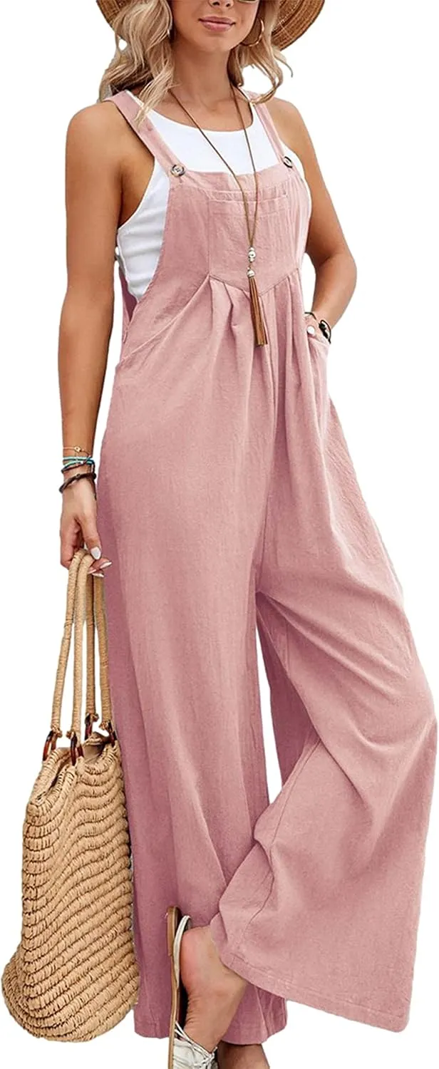 Bozanly Women's Baggy Wide Leg Overalls Summer Cotton Linen Loose Fit Bib Jumpsuit with Pockets