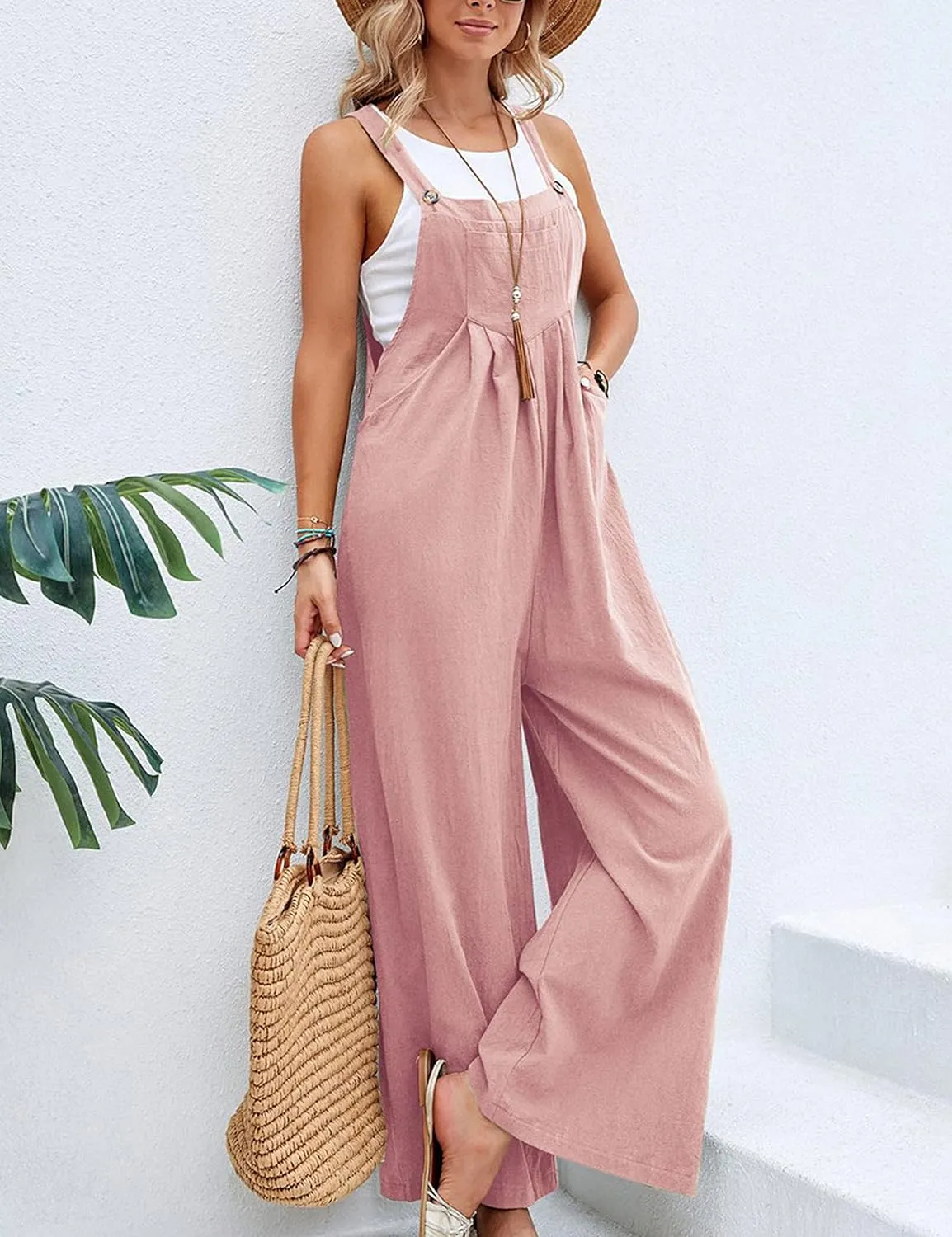 Bozanly Women's Baggy Wide Leg Overalls Summer Cotton Linen Loose Fit Bib Jumpsuit with Pockets