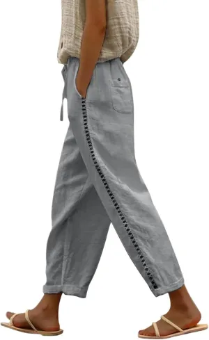 Breezy Linen Pants Women Side Split Hem Wide Leg Beach Trousers with Hidden Pocket Summer 2025