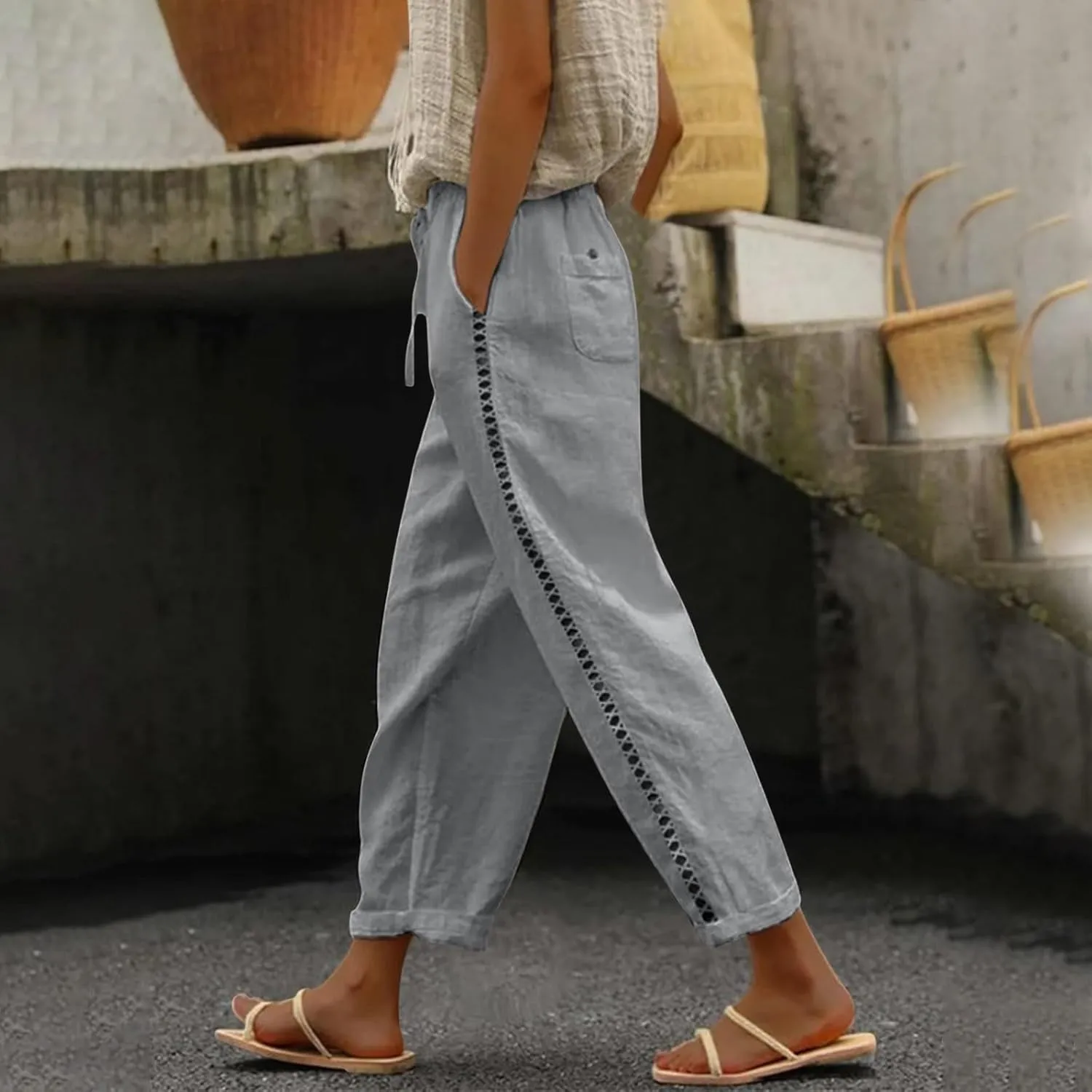 Breezy Linen Pants Women Side Split Hem Wide Leg Beach Trousers with Hidden Pocket Summer 2025