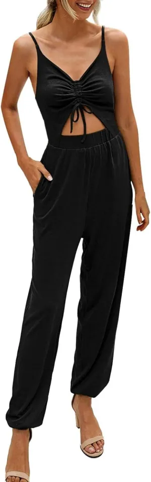 Burband Womens Deep V Neck Butterfly Bandage Tie Front Drawstring Waist Jumpsuit Open Bust Hollow Out Summer Rompers