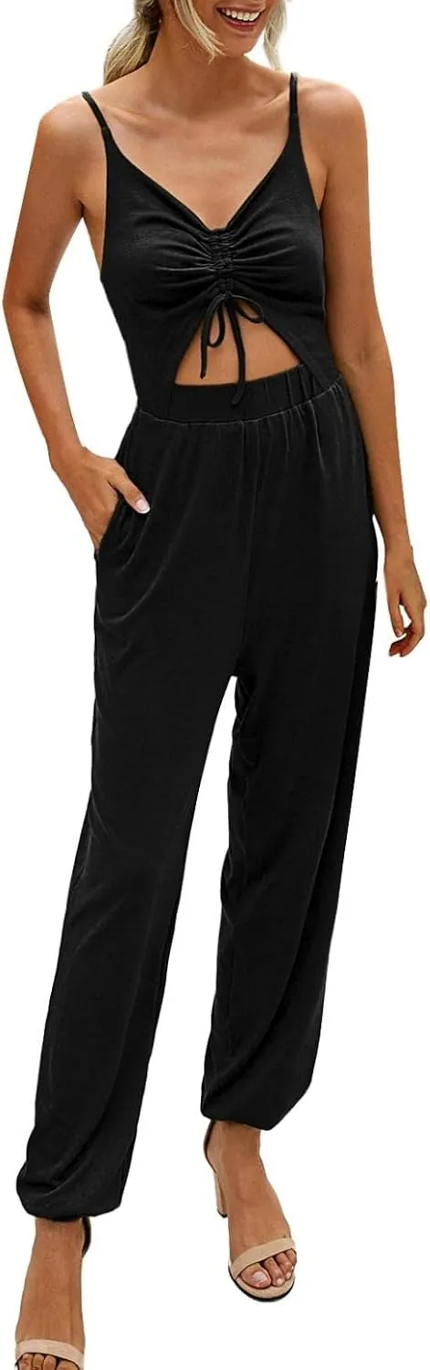 Burband Womens Deep V Neck Butterfly Bandage Tie Front Drawstring Waist Jumpsuit Open Bust Hollow Out Summer Rompers