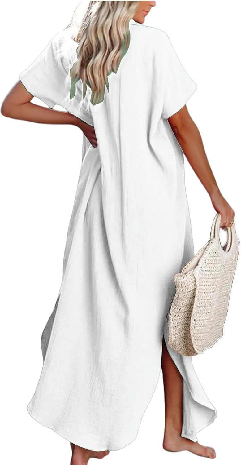 Button Down Beach Cover Up for Women Maxi Long Kimonos Cardigans Swimsuit Cover Ups Summer Beach Dress Beachwear