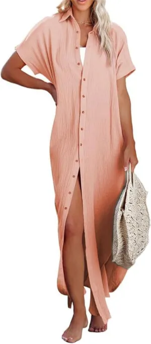 Button Down Beach Cover Up for Women Maxi Long Kimonos Cardigans Swimsuit Cover Ups Summer Beach Dress Beachwear