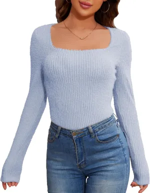 Cakulo Women's Fuzzy Sweater Tops Square Neck Long Sleeve Knitted T Shirts Slim Fitted Pullover Tops
