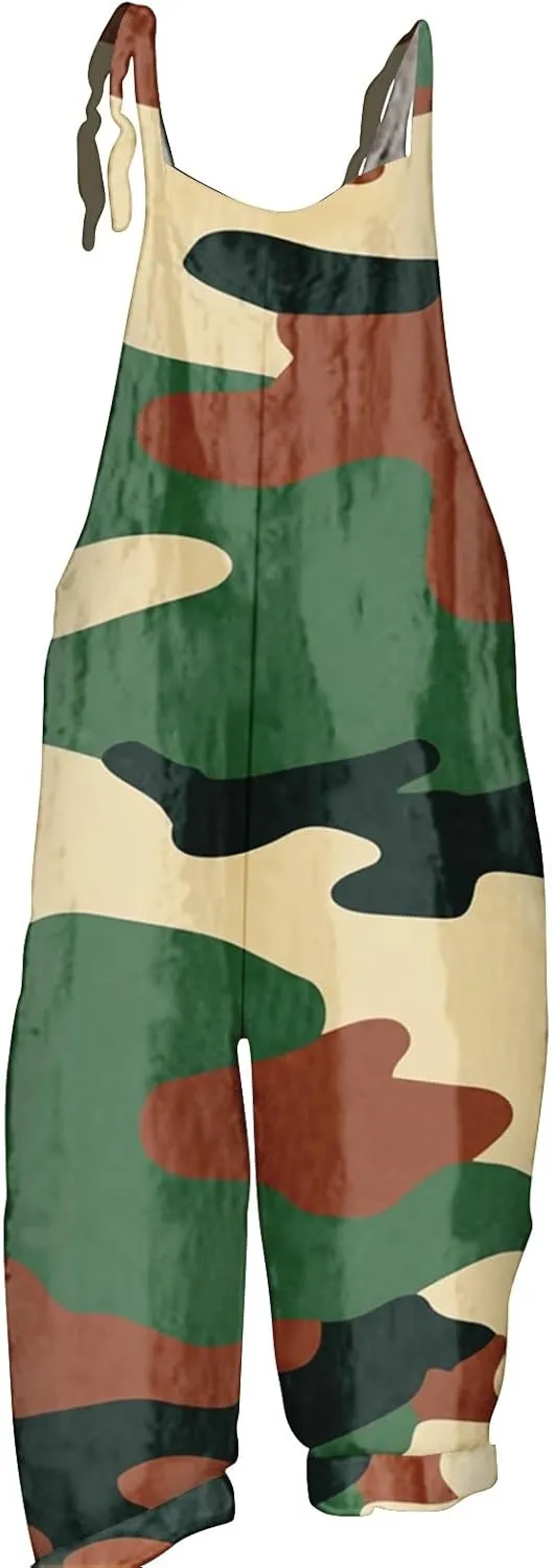 Camo Summer Fashion Rompers Linen Camouflage Jumpsuits For Women Loose Fit Hippie Spaghetti Strap Bib Overalls