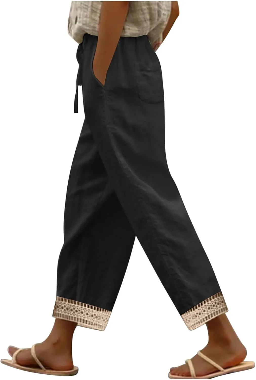 Capris Pants for Women Casual Summer Straight Leg Cropped Trousers Lace Boho Western Cotton Linen Pant 2025 New