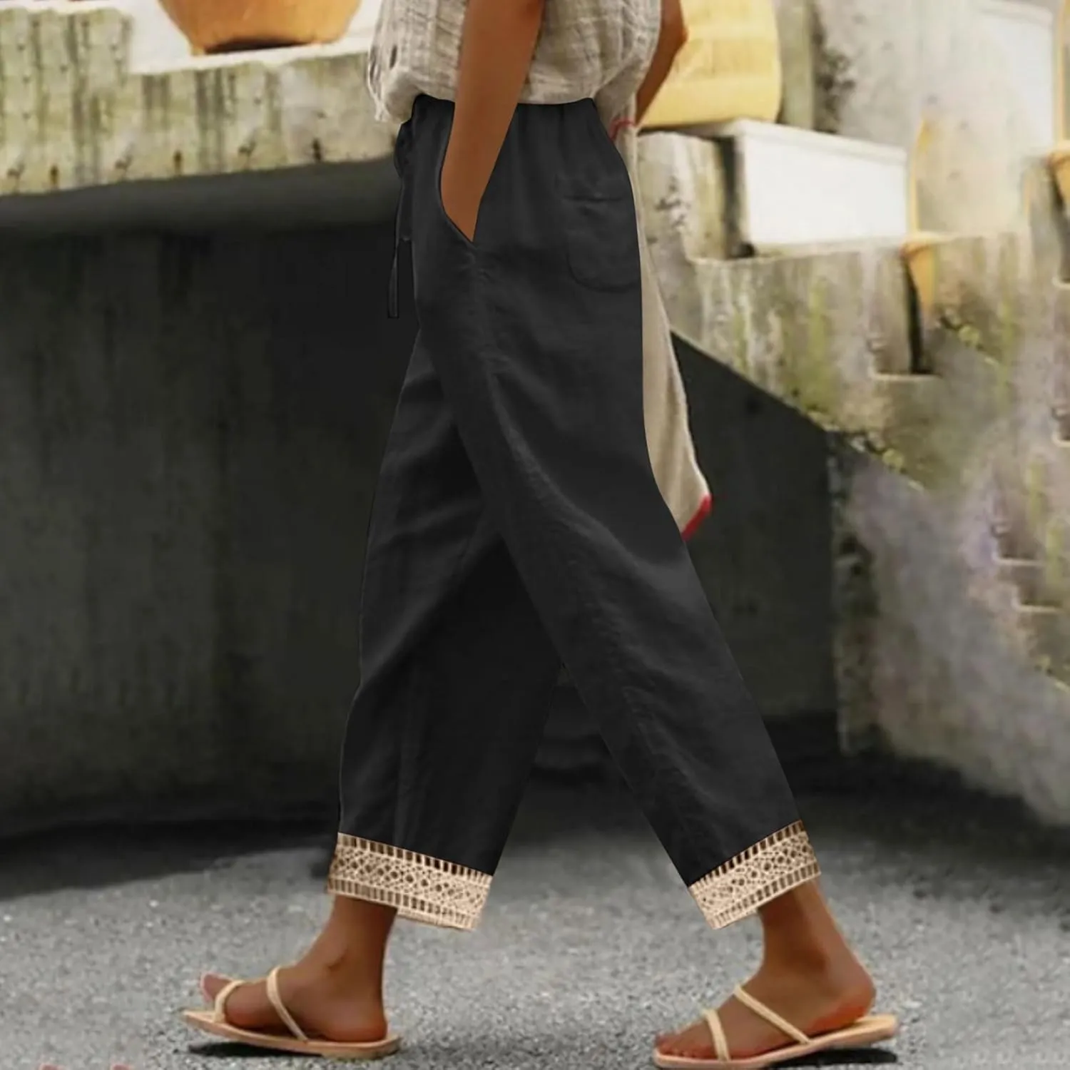 Capris Pants for Women Casual Summer Straight Leg Cropped Trousers Lace Boho Western Cotton Linen Pant 2025 New