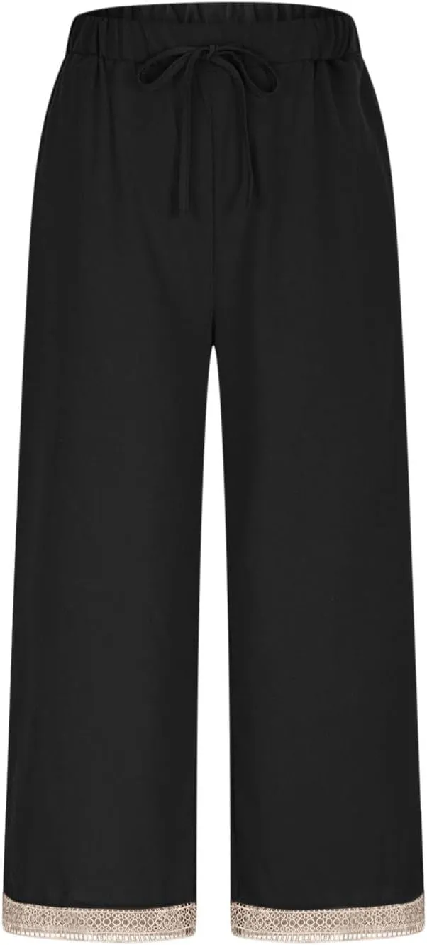 Capris Pants for Women Casual Summer Straight Leg Cropped Trousers Lace Boho Western Cotton Linen Pant 2025 New