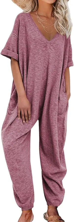 Casual Jumpsuits for Women Dressy Half Sleeve Long Rompers Beam Foot Baggy Overalls Summer One Piece Outfits Long Pants