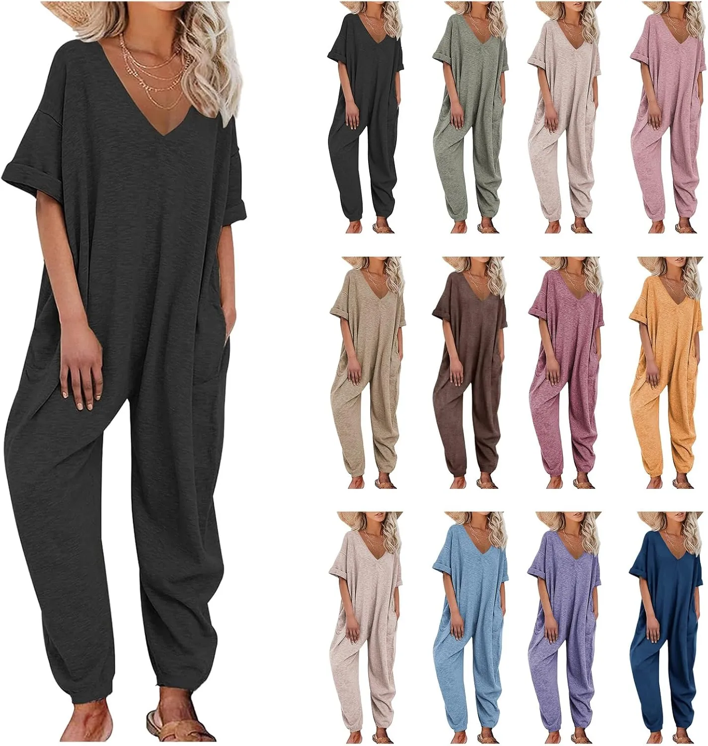 Casual Jumpsuits for Women Dressy Half Sleeve Long Rompers Beam Foot Baggy Overalls Summer One Piece Outfits Long Pants