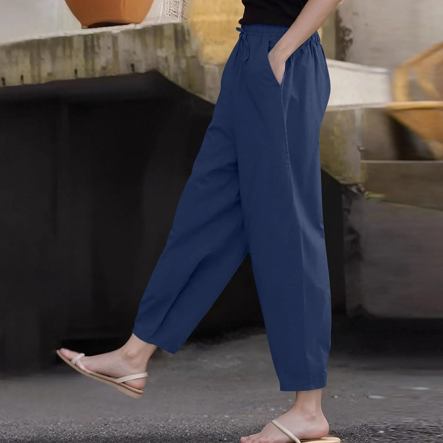 Casual Pants for Women Straight Leg Beach Trousers with Pockets Baggy Elastic Waist Lounge Slacks