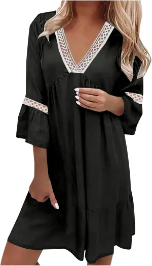 Ceboyel Women's Lace Trimmed Tunic Dress Ruffle Casual Spring Break Dresses V Neck Flowy Dress Gradient College Clothes 2023