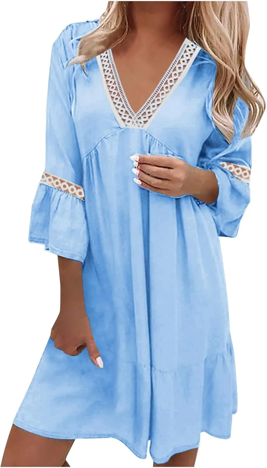 Ceboyel Women's Lace Trimmed Tunic Dress Ruffle Casual Spring Break Dresses V Neck Flowy Dress Gradient College Clothes 2023