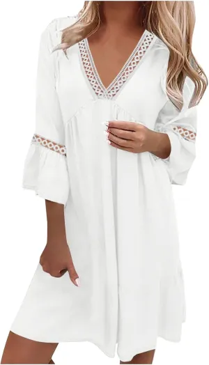 Ceboyel Women's Lace Trimmed Tunic Dress Ruffle Casual Spring Break Dresses V Neck Flowy Dress Gradient College Clothes 2023