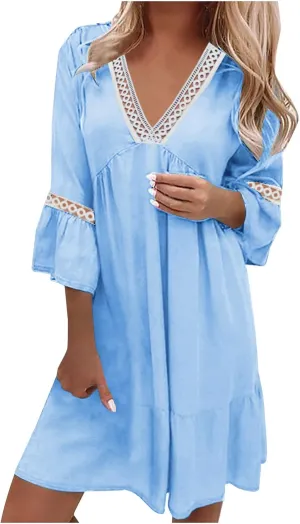 Ceboyel Women's Lace Trimmed Tunic Dress Ruffle Casual Spring Break Dresses V Neck Flowy Dress Gradient College Clothes 2023