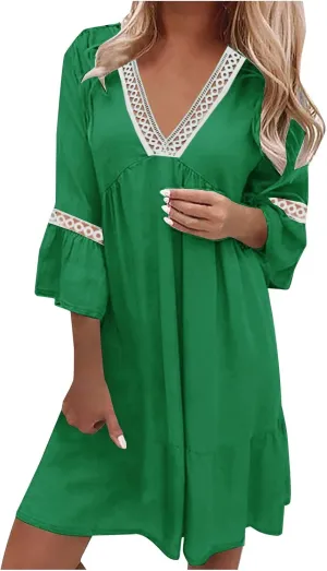 Ceboyel Women's Lace Trimmed Tunic Dress Ruffle Casual Spring Break Dresses V Neck Flowy Dress Gradient College Clothes 2023