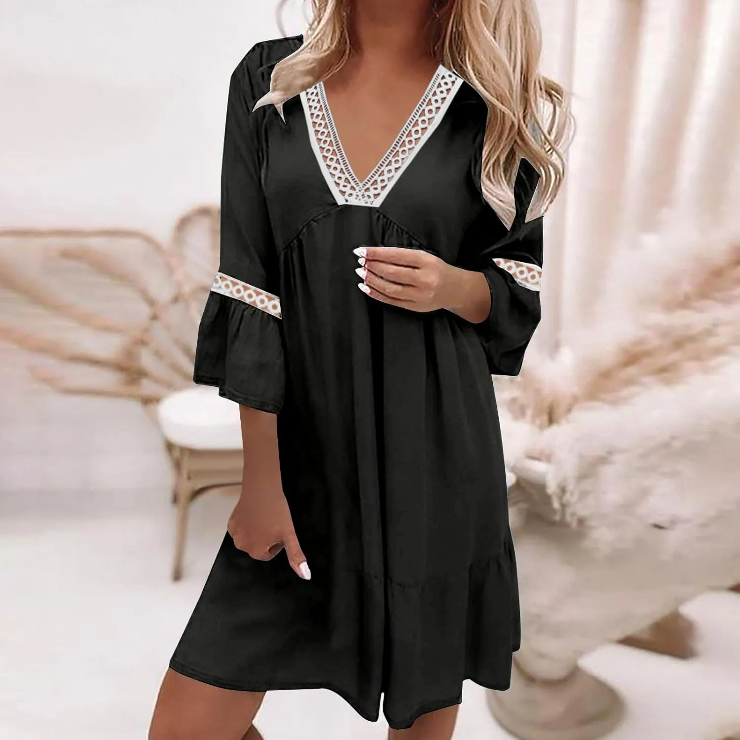 Ceboyel Women's Lace Trimmed Tunic Dress Ruffle Casual Spring Break Dresses V Neck Flowy Dress Gradient College Clothes 2023