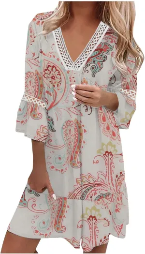 Ceboyel Women's Lace Trimmed Tunic Dress Ruffle Casual Spring Break Dresses V Neck Flowy Dress Gradient College Clothes 2023