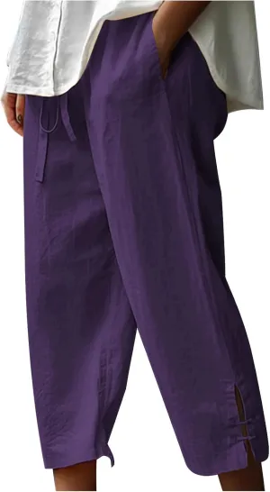 Ceboyel Womens Linen Pants 2023 Summer Casual Capri Pants Cropped Tapered Lightweight Pants Travel Beach Outfits with Pocket