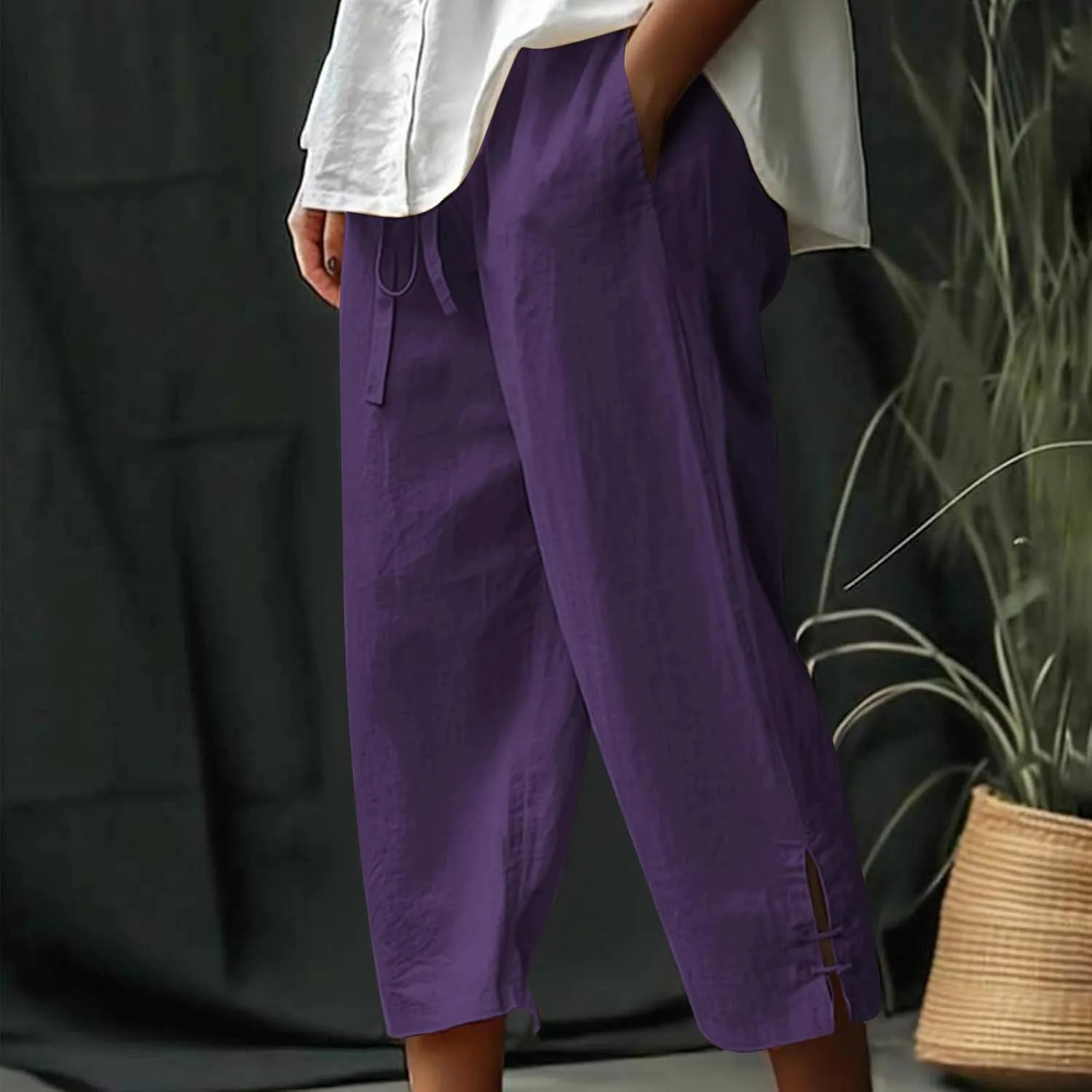 Ceboyel Womens Linen Pants 2023 Summer Casual Capri Pants Cropped Tapered Lightweight Pants Travel Beach Outfits with Pocket
