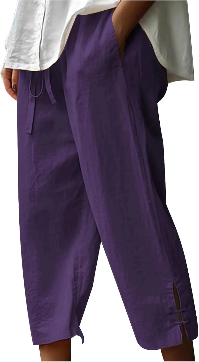 Ceboyel Womens Linen Pants 2023 Summer Casual Capri Pants Cropped Tapered Lightweight Pants Travel Beach Outfits with Pocket